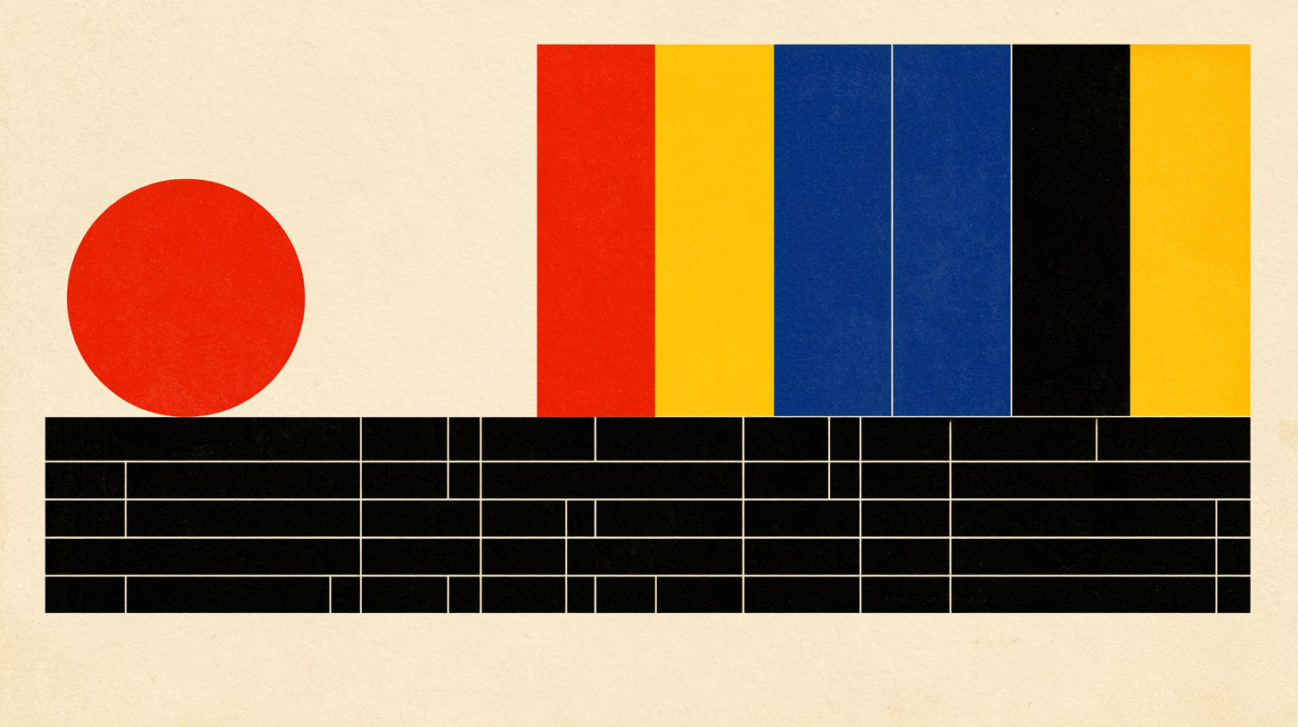 Abstract Bauhaus illustration: a solid foundation slab beneath ruled colour bars, anchored by a single large red circle